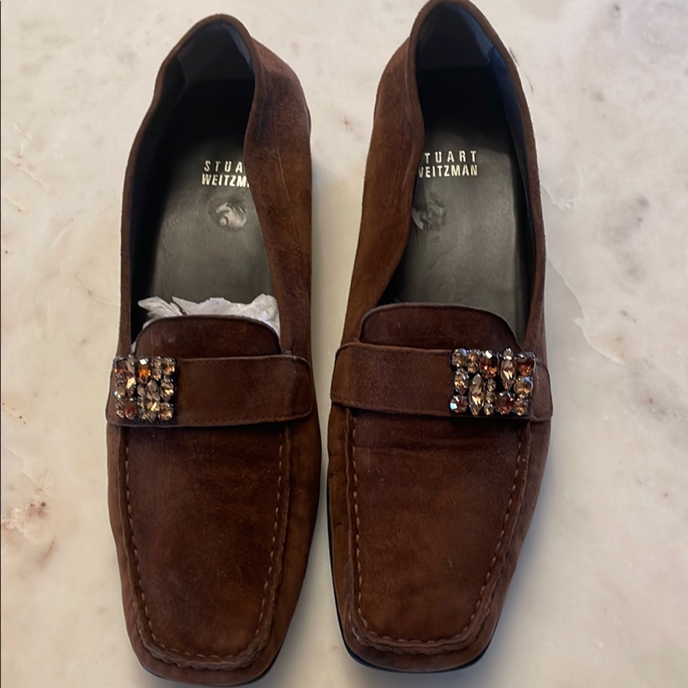 Stuart Weitzman Brown Loafers with Embellished Detail